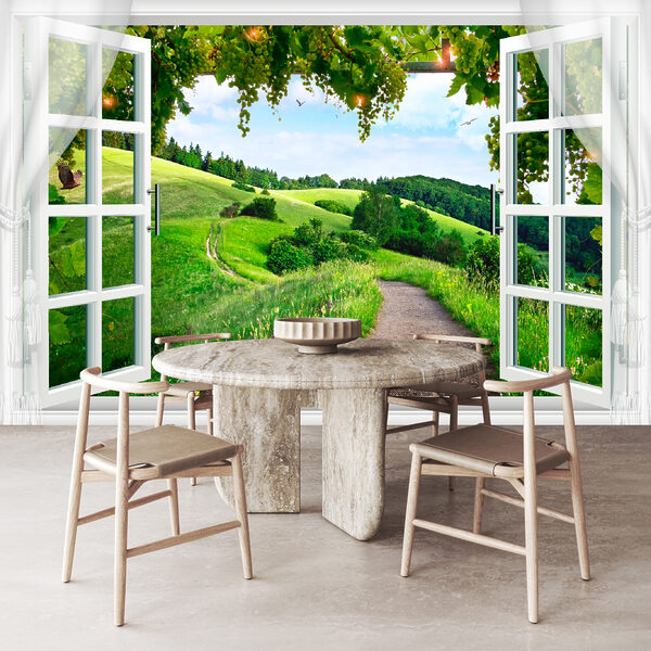 Window with open doors and a path through a grassy field Window with open doors and a path through a grassy field