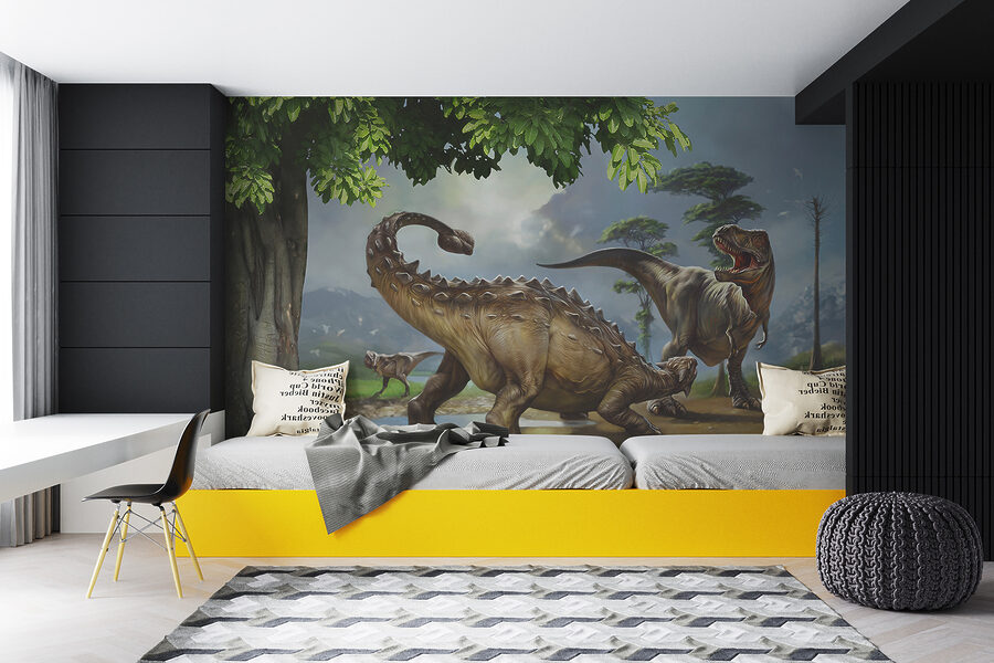 Gemälde von Dinosauriern in der Nähe eines Flusses