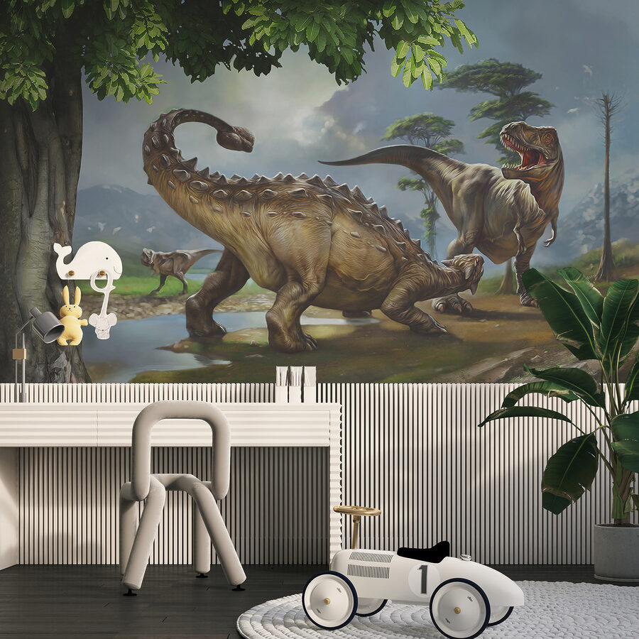 Gemälde von Dinosauriern in der Nähe eines Flusses