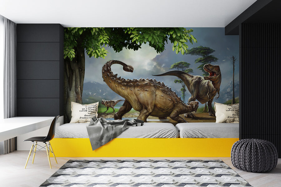 Gemälde von Dinosauriern in der Nähe eines Flusses