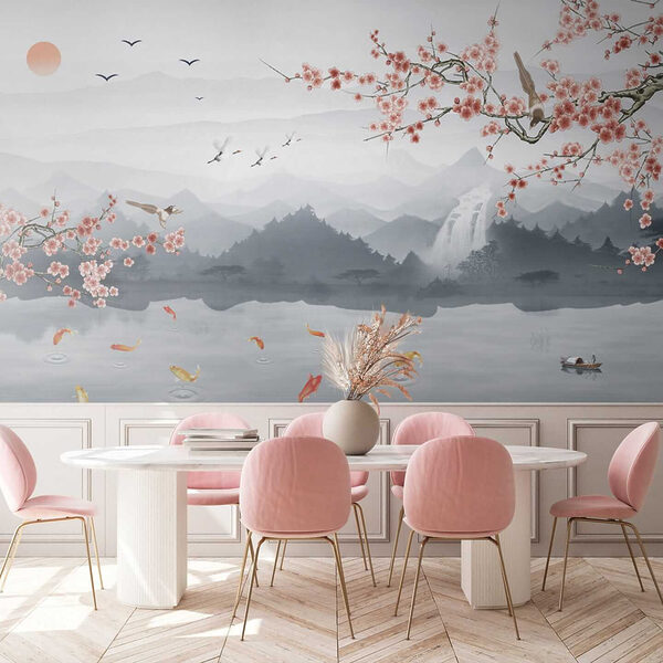 Painting of a river with a waterfall and birds