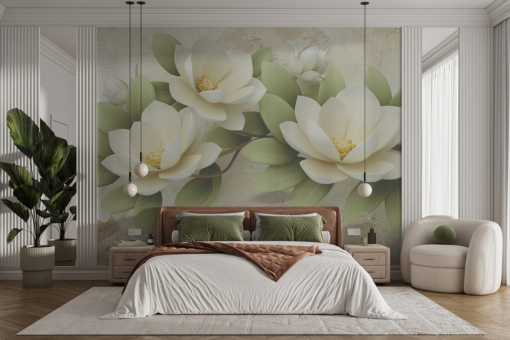 Group of white flowers with green leaves