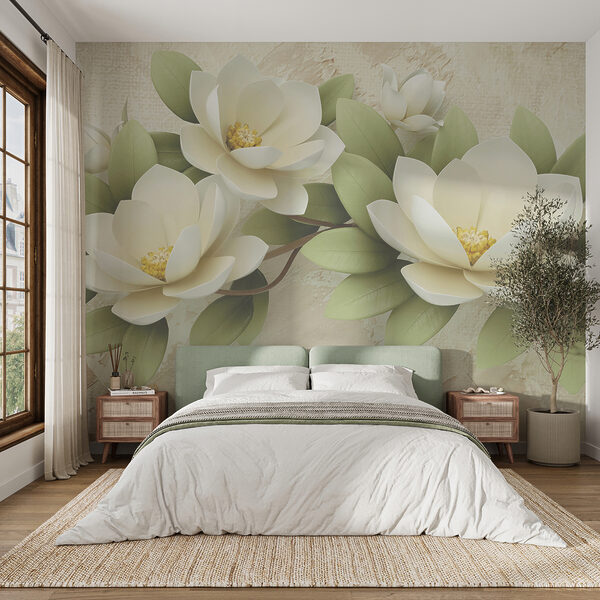 Group of white flowers with green leaves