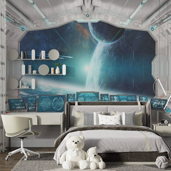 Room with screens and a view of earth from the window