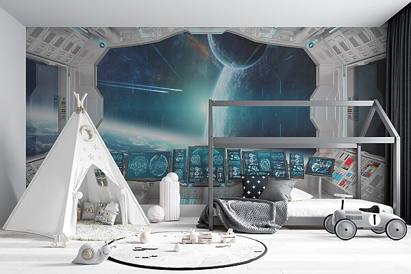Room with screens and a view of earth from the window
