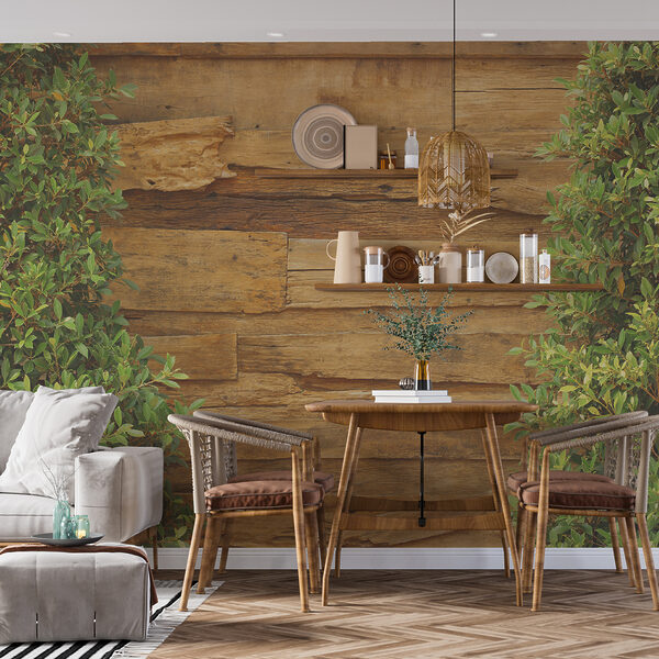 Tree next to a wood wall