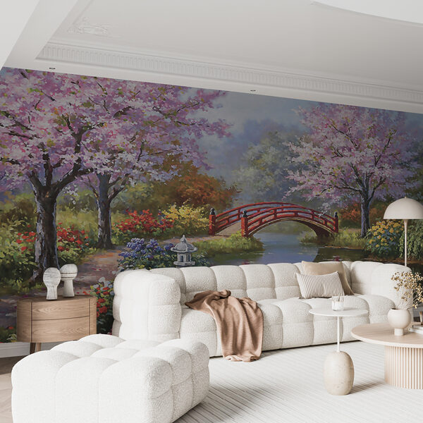 Gemälde eines Teiches mit einer Brücke und Blumen u35418pig15ms 600x600 - Gemälde eines Teiches mit einer Brücke und Blumen