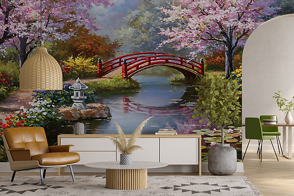 Gemälde eines Teiches mit einer Brücke und Blumen u35418pig16mr 600x400 - Gemälde eines Teiches mit einer Brücke und Blumen