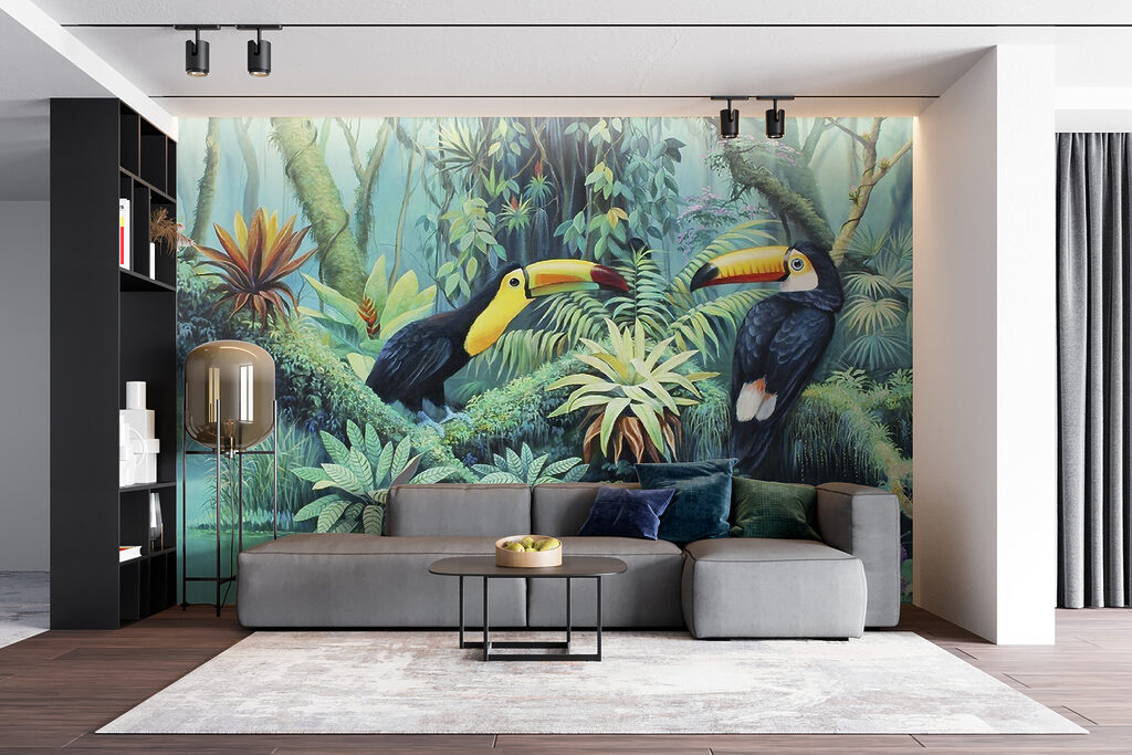 Painting of birds in a forest