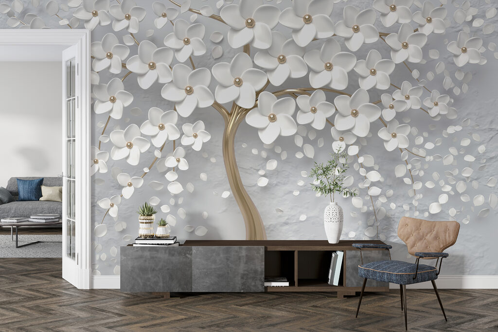 Tree with white flowers and leaves Tree with white flowers and leaves