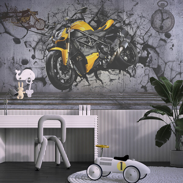 Gelbes Motorrad an einer Wand Gelbes Motorrad an einer Wand