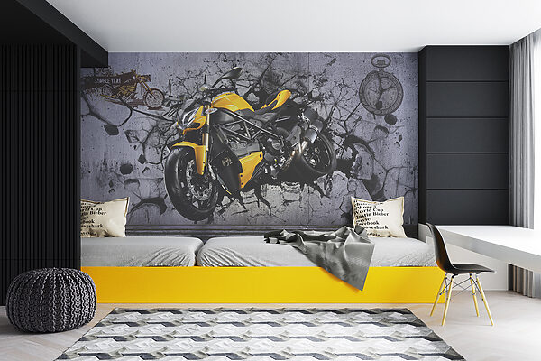Gelbes Motorrad an einer Wand Gelbes Motorrad an einer Wand