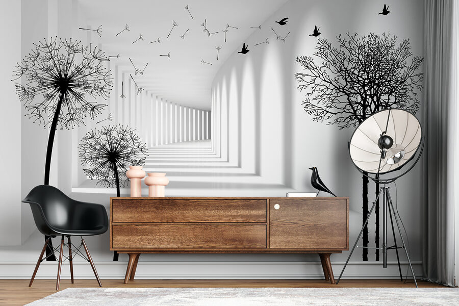 Weißes Zimmer mit Bäumen und fliegenden Vögeln