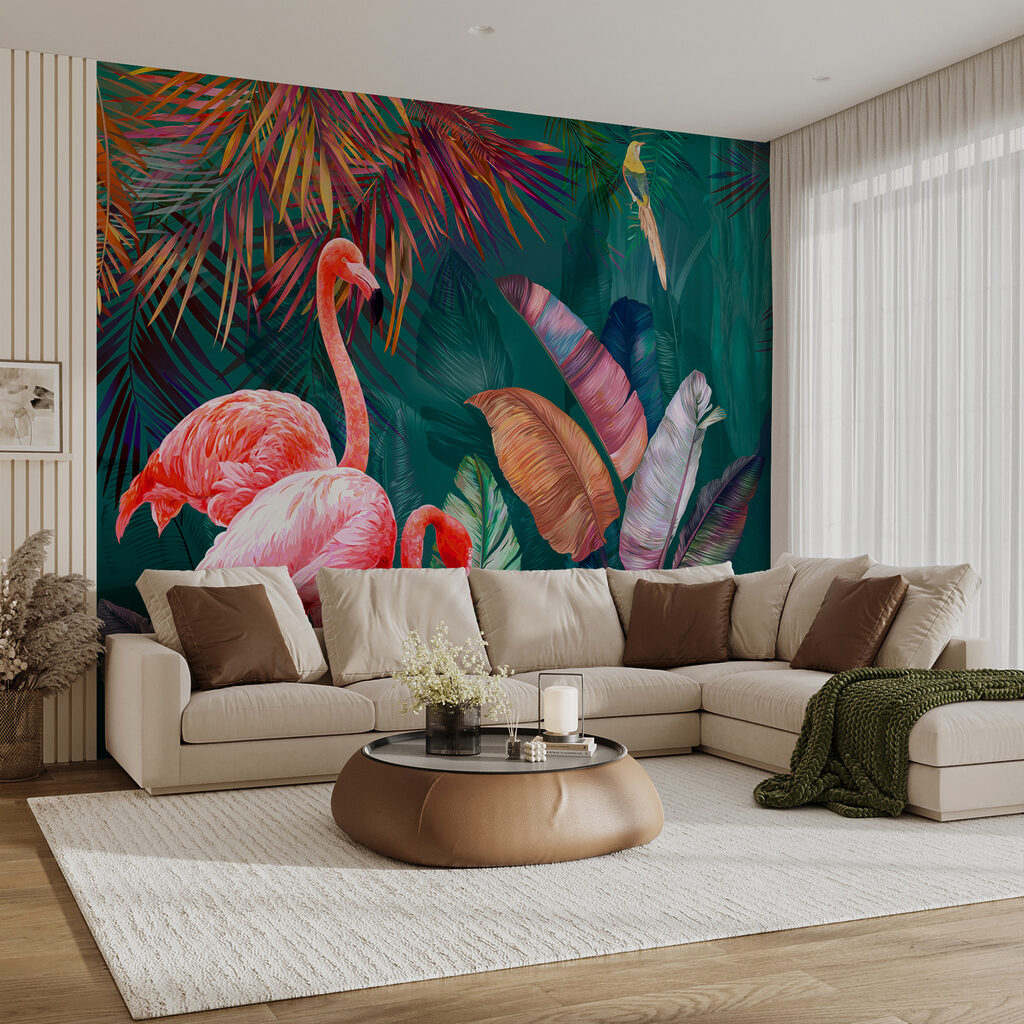 Flamingos and colorful leaves