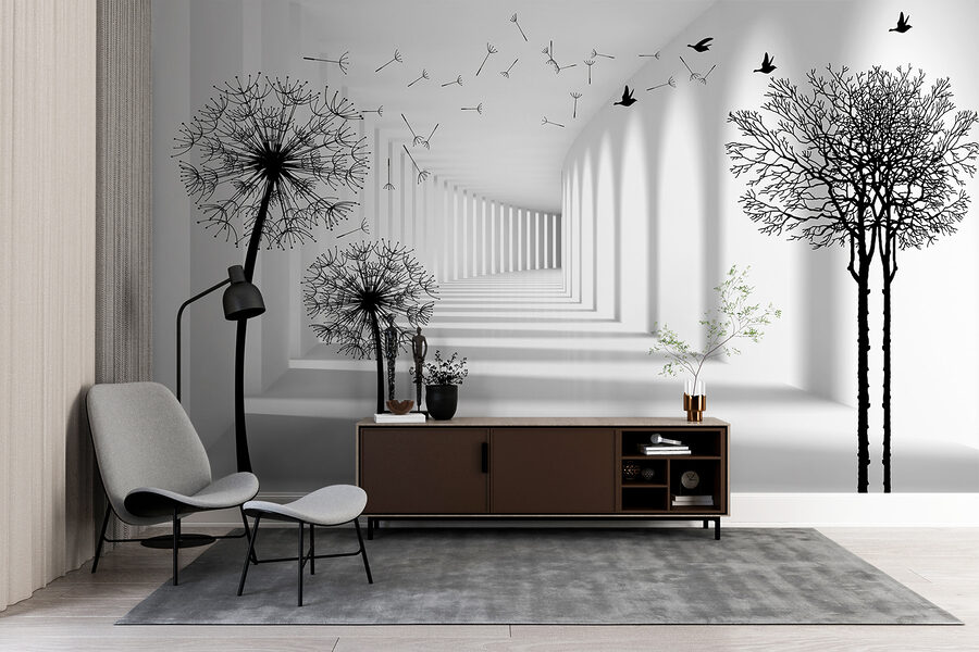 Weißes Zimmer mit Bäumen und fliegenden Vögeln