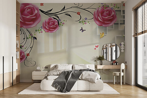 Tapete mit Rosen und Vögeln Tapete mit Rosen und Vögeln