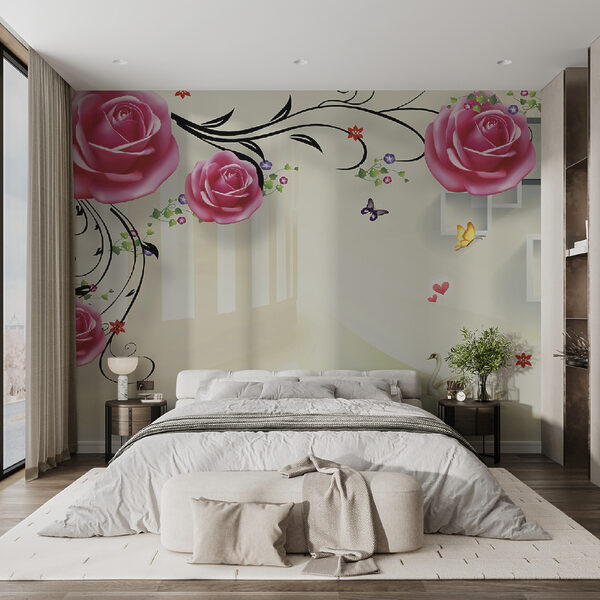 Tapete mit Rosen und Vögeln Tapete mit Rosen und Vögeln