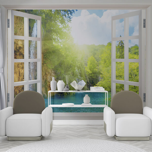 Fenster mit einem Wasserfall und Bäumen Fenster mit einem Wasserfall und Bäumen
