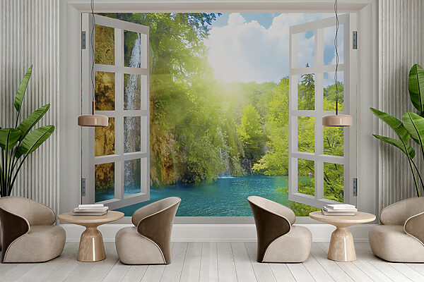 Fenster mit einem Wasserfall und Bäumen Fenster mit einem Wasserfall und Bäumen