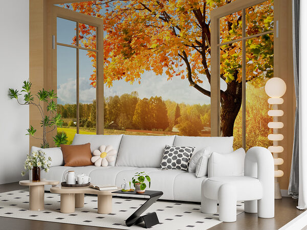 Window with trees and a river