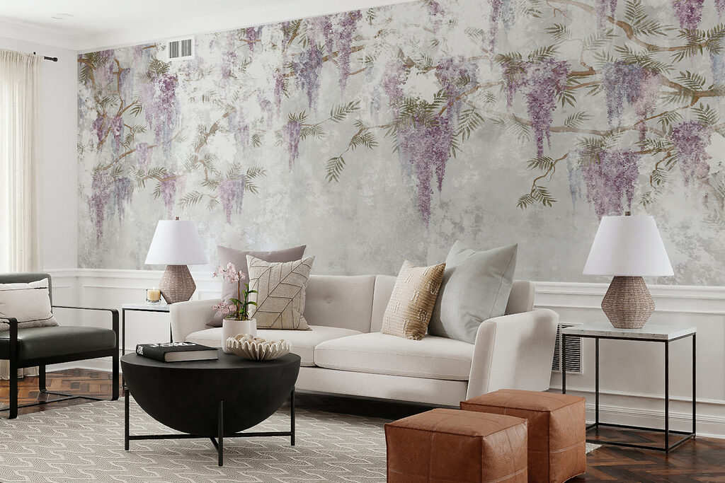 White wall with purple flowers