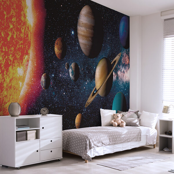Planeten im Weltraum mit Sternen und einem hellen Stern Planeten im Weltraum mit Sternen und einem hellen Stern