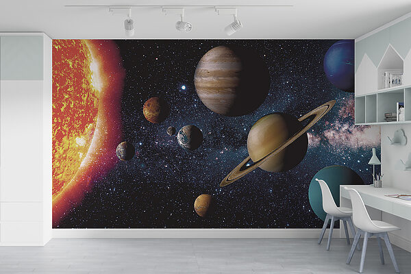 Planeten im Weltraum mit Sternen und einem hellen Stern Planeten im Weltraum mit Sternen und einem hellen Stern