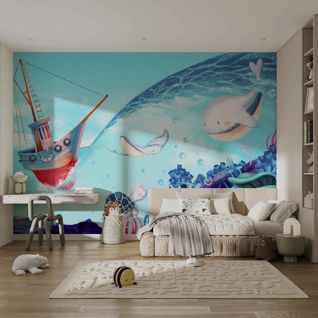 Cartoon of a boat and sea animals