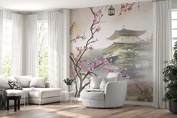 Baum mit rosa Blumen und einem Gebäude im Hintergrund Baum mit rosa Blumen und einem Gebäude im Hintergrund