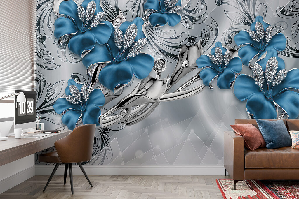 Silver and blue flowers on a silver and black background