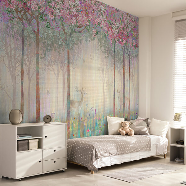 Gemälde eines Waldes mit Bäumen und Blumen Gemälde eines Waldes mit Bäumen und Blumen