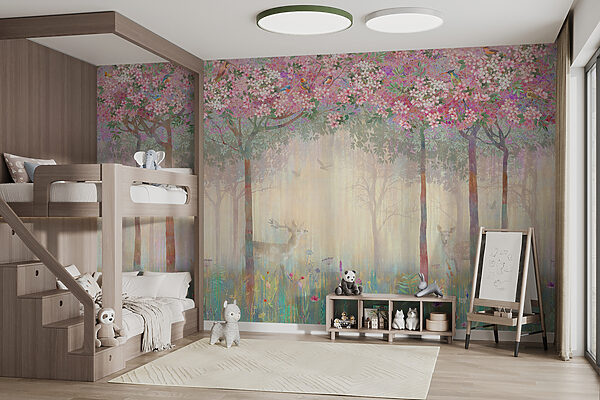 Gemälde eines Waldes mit Bäumen und Blumen Gemälde eines Waldes mit Bäumen und Blumen