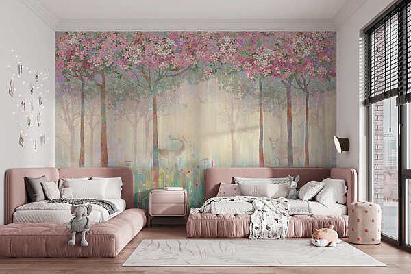 Gemälde eines Waldes mit Bäumen und Blumen Gemälde eines Waldes mit Bäumen und Blumen