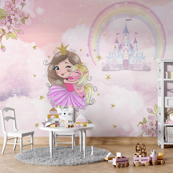 Cartoon eines Mädchens, das ein kleines Mädchen in einem rosa Kleid umarmt Cartoon eines Mädchens, das ein kleines Mädchen in einem rosa Kleid umarmt