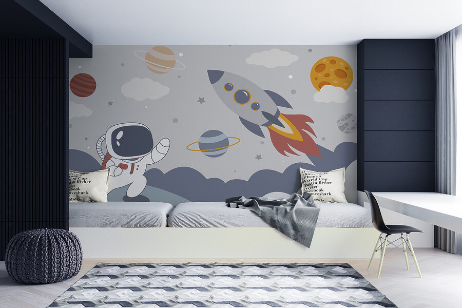Cartoon eines Astronauten auf einem Planeten mit einer Rakete am Himmel Cartoon eines Astronauten auf einem Planeten mit einer Rakete am Himmel