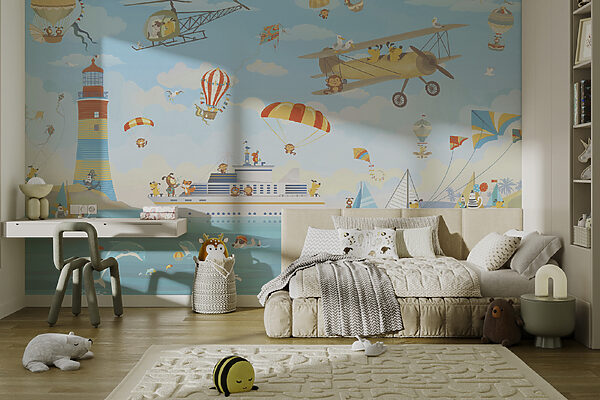 Cartoon animals flying over a boat