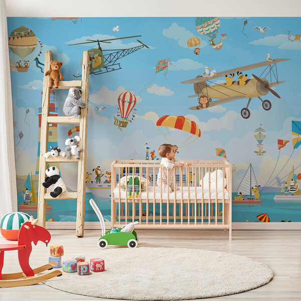 Cartoon animals flying over a boat