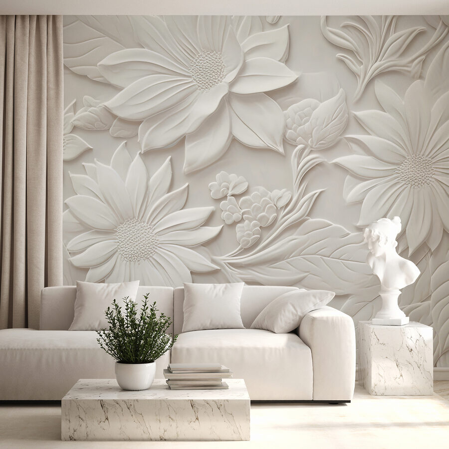Fototapeten Weiße Wand mit Blumen und Blättern – Bild 2