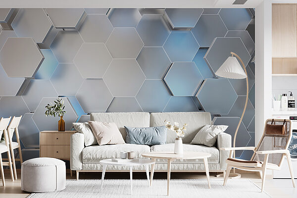 White hexagons with blue lights White hexagons with blue lights
