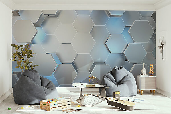 White hexagons with blue lights White hexagons with blue lights