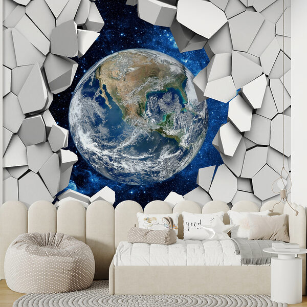Der Planet Erde bricht durch ein Loch in der Wand Der Planet Erde bricht durch ein Loch in der Wand