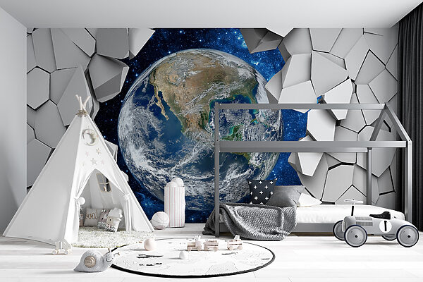 Der Planet Erde bricht durch ein Loch in der Wand Der Planet Erde bricht durch ein Loch in der Wand