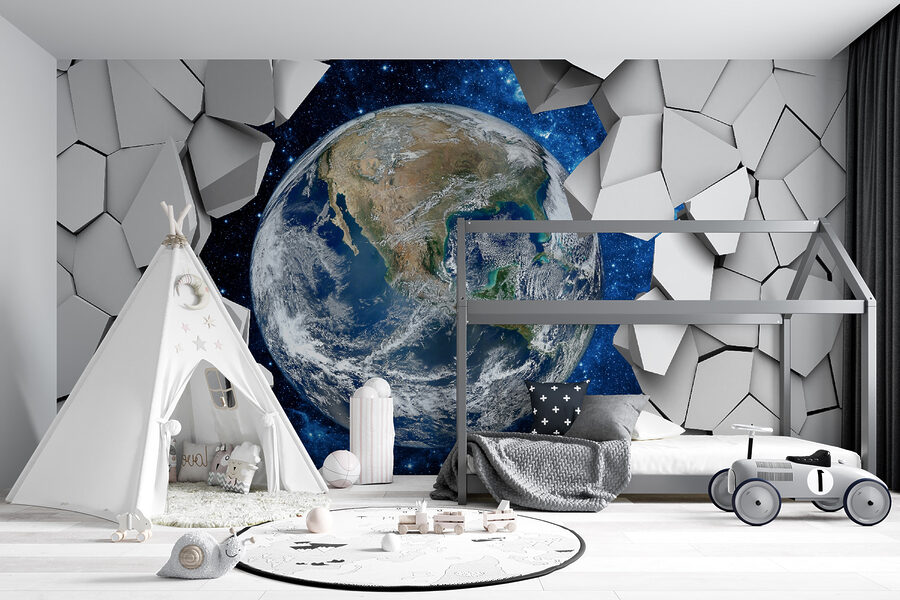 Der Planet Erde bricht durch ein Loch in der Wand Der Planet Erde bricht durch ein Loch in der Wand