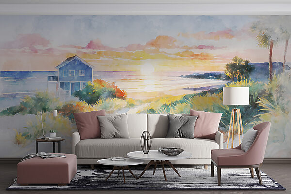 Aquarellmalerei eines Hauses und eines Strandes Aquarellmalerei eines Hauses und eines Strandes