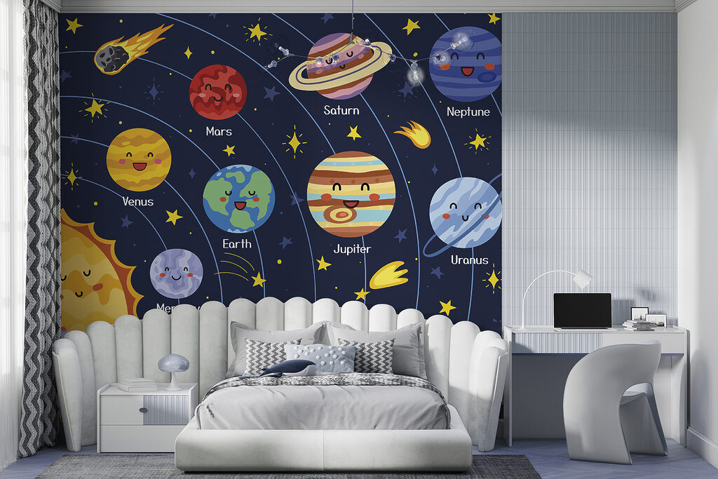 Cartoon planets and stars in space