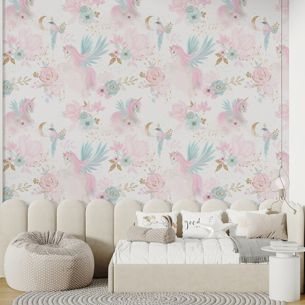 Pattern of pink and blue unicorns and flowers