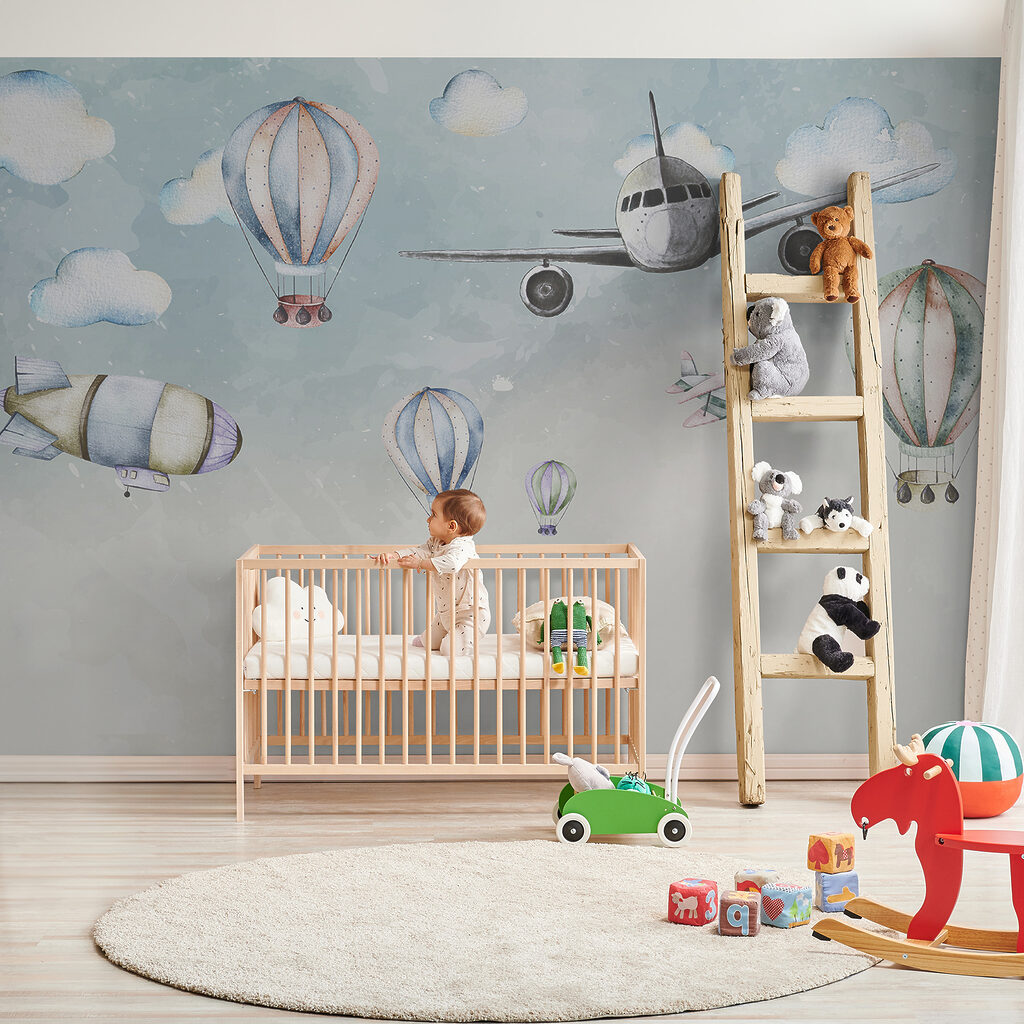 Group of hot air balloons and airplanes