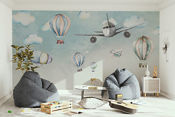 Gruppe von Heißluftballons und Flugzeugen Gruppe von Heißluftballons und Flugzeugen