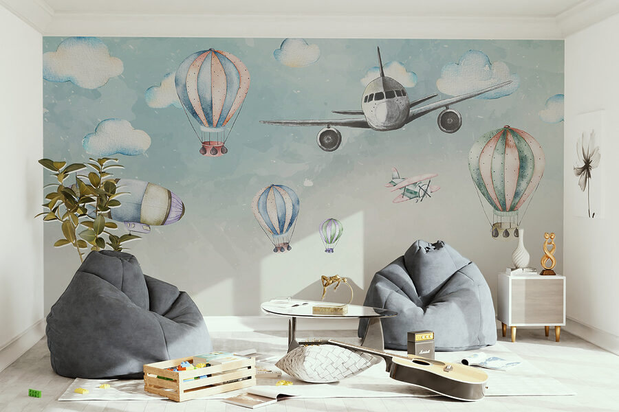 Gruppe von Heißluftballons und Flugzeugen Gruppe von Heißluftballons und Flugzeugen