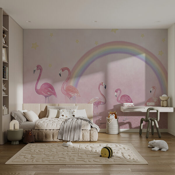 Gruppe von Flamingos mit einem Regenbogen Gruppe von Flamingos mit einem Regenbogen